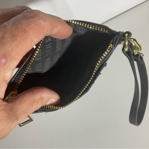 Steve Madden Black Zippered Four Card Wristlet w/Gold Hardware & Faux Gold Logo - Picture 11 of 16
